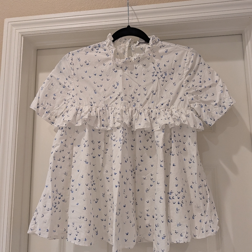 Danielle Fichera Butterfly Print Ruffle Cotton Blouse Size 4